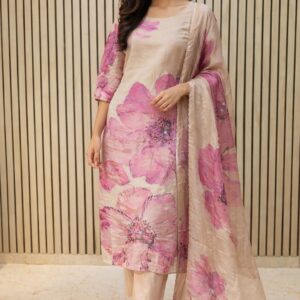 Exclusive three piece suit. Pure tissue placement digital print with matching silk pant . Inner cotton malmal lining attached
