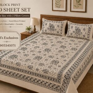 Premium quality hand block double bedsheet set (1+2)
