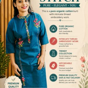 Pure Organic Cotton Kurti With Intricate Thread Embroidery Work