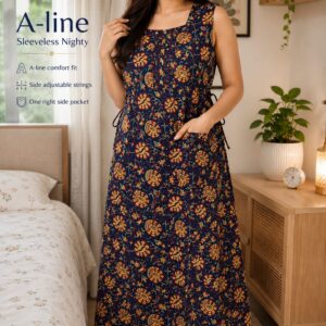 Premium quality cotton A-line cut sleeveless nighty