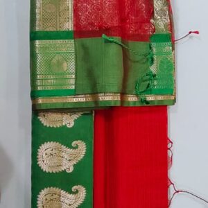 Single color body and Ganga Jamuna border check Gadwal saree with brocade blouse piece