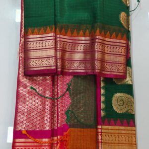Single color body and Ganga Jamuna border check Gadwal saree with brocade blouse piece