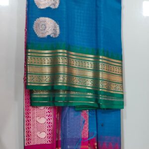 Single color body and Ganga Jamuna border check Gadwal saree with brocade blouse piece